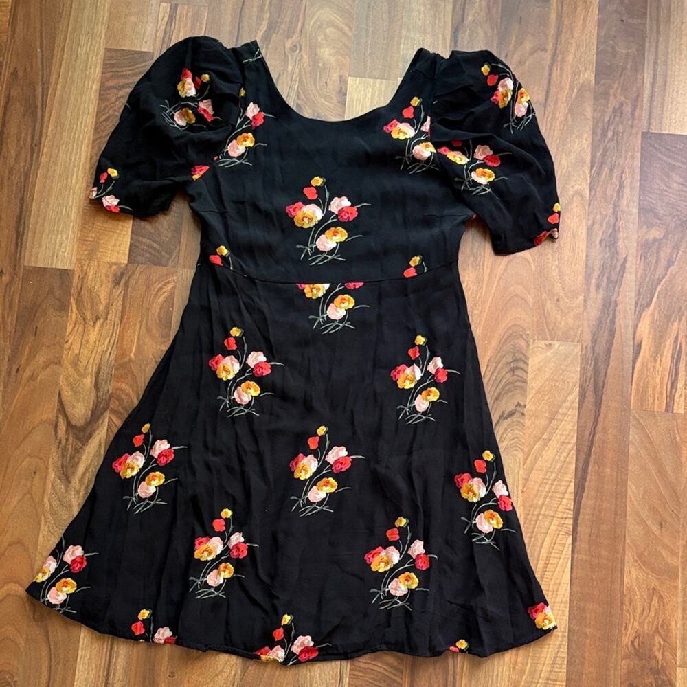Zara Woman’s Size M Black Dress with Red, Pink and Yellow Floral Embroidery